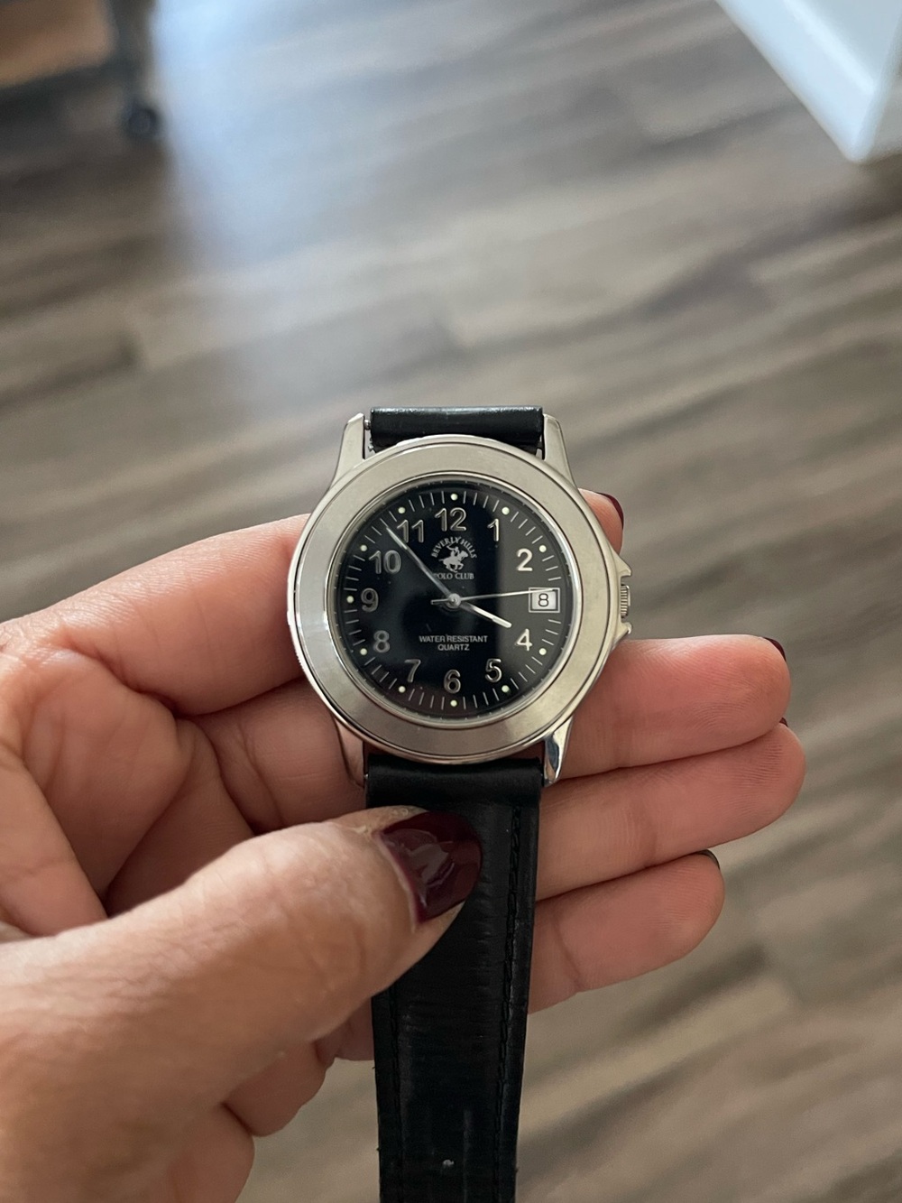 Black Dial Stainless Steel Watch with genuine Black Leather strap